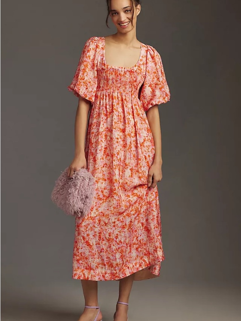 By Anthropologie Short-Sleeve Smocked Babydoll Midi Dress